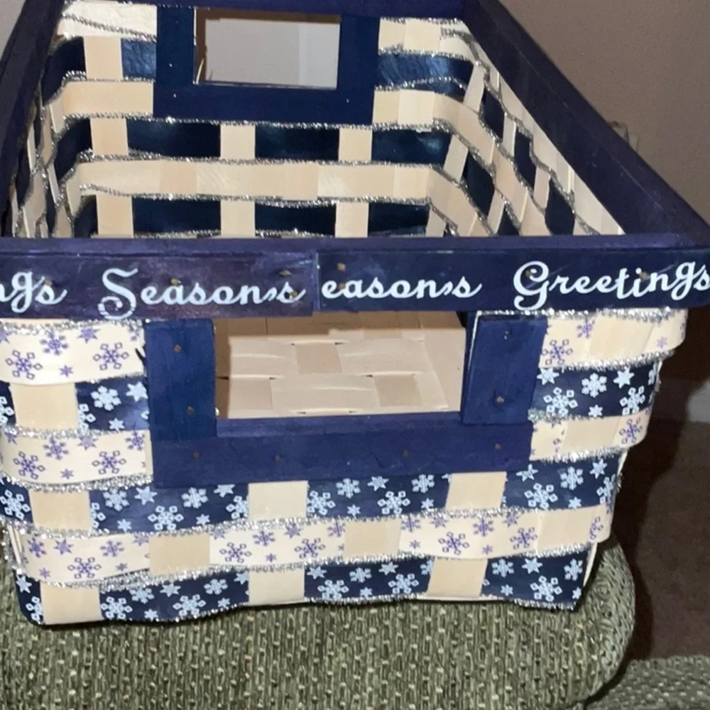 Holiday SEASONS GREETINGS Blue, Ivory, Silver Rectangular Wicker Basket handles
